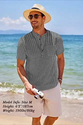 COOFANDY Men's Cotton Linen Henley Shirt Short Sleeve Hippie Casual Beach T-Shirts with Pocket - 3