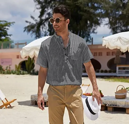 COOFANDY Men's Cotton Linen Henley Shirt Short Sleeve Hippie Casual Beach T-Shirts with Pocket - 4