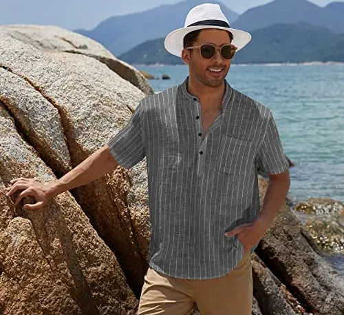COOFANDY Men's Cotton Linen Henley Shirt Short Sleeve Hippie Casual Beach T-Shirts with Pocket - 6