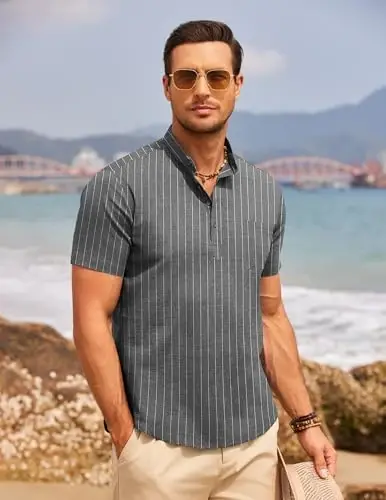 COOFANDY Men's Cotton Linen Henley Shirt Short Sleeve Hippie Casual Beach T-Shirts with Pocket - 3