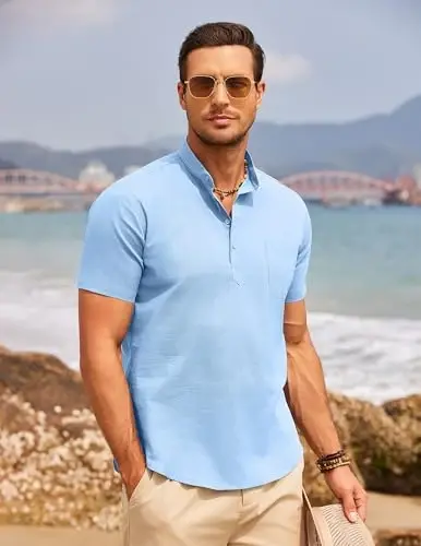 COOFANDY Men's Cotton Linen Henley Shirt Short Sleeve Hippie Casual Beach T-Shirts with Pocket - 4