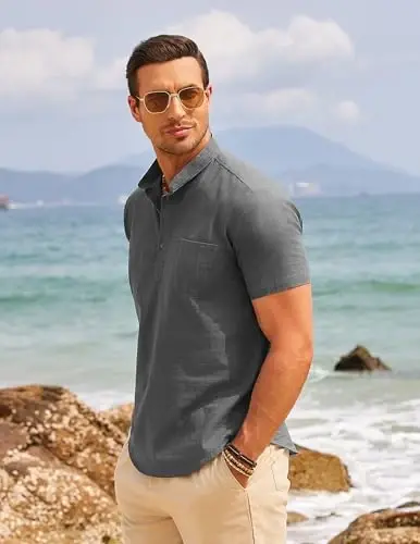 COOFANDY Men's Cotton Linen Henley Shirt Short Sleeve Hippie Casual Beach T-Shirts with Pocket - 3