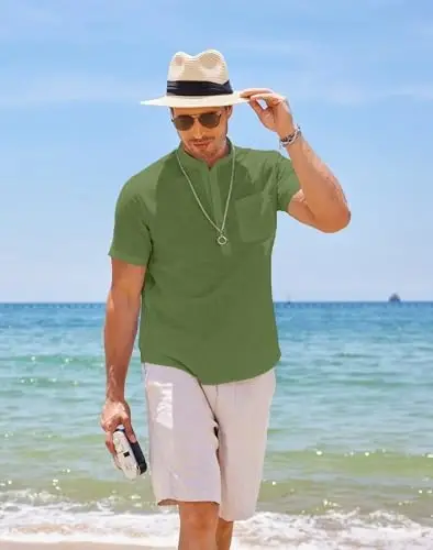 COOFANDY Men's Cotton Linen Henley Shirt Short Sleeve Hippie Casual Beach T-Shirts with Pocket - 6