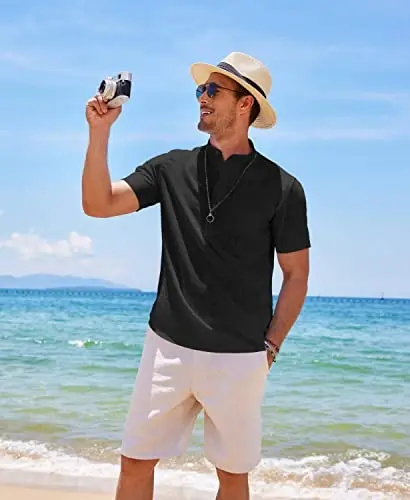 COOFANDY Men's Cotton Linen Henley Shirt Short Sleeve Hippie Casual Beach T-Shirts with Pocket - 4