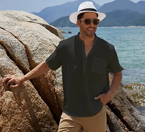 COOFANDY Men's Cotton Linen Henley Shirt Short Sleeve Hippie Casual Beach T-Shirts with Pocket - 6