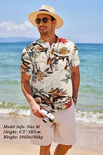 COOFANDY Men's Cotton Linen Henley Shirt Short Sleeve Hippie Casual Beach T-Shirts with Pocket - 3