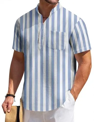 COOFANDY Men's Cotton Linen Henley Shirt Short Sleeve Hippie Casual Beach T-Shirts with Pocket 