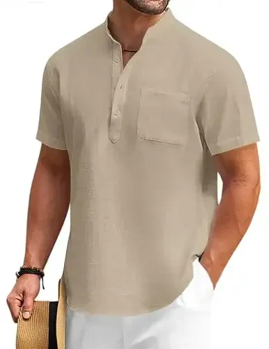 COOFANDY Men's Cotton Linen Henley Shirt Short Sleeve Hippie Casual Beach T-Shirts with Pocket - COOFANDY