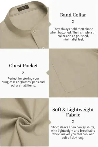 COOFANDY Men's Cotton Linen Henley Shirt Short Sleeve Hippie Casual Beach T-Shirts with Pocket - 5