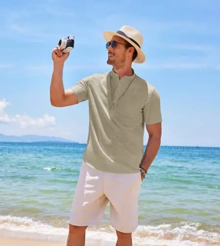 COOFANDY Men's Cotton Linen Henley Shirt Short Sleeve Hippie Casual Beach T-Shirts with Pocket - 4