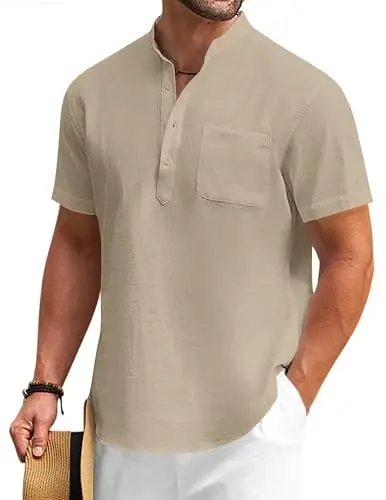 COOFANDY Men's Cotton Linen Henley Shirt Short Sleeve Hippie Casual Beach T-Shirts with Pocket 