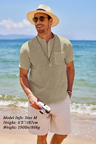 COOFANDY Men's Cotton Linen Henley Shirt Short Sleeve Hippie Casual Beach T-Shirts with Pocket - 3