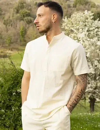 COOFANDY Men's Cotton Linen Henley Shirt Short Sleeve Hippie Casual Beach T-Shirts with Pocket - COOFANDY (1)