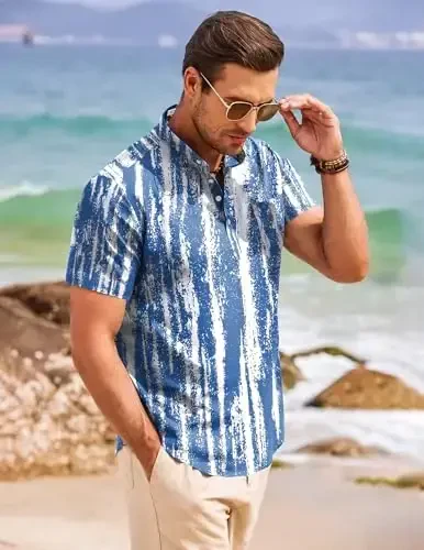COOFANDY Men's Cotton Linen Henley Shirt Short Sleeve Hippie Casual Beach T-Shirts with Pocket - 2