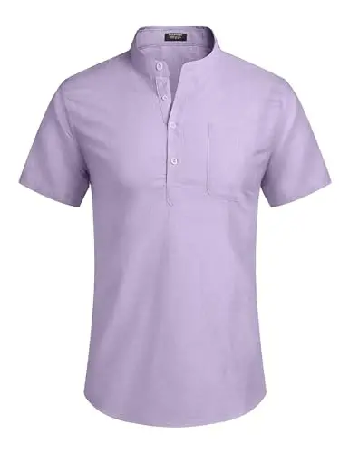 COOFANDY Men's Cotton Linen Henley Shirt Short Sleeve Hippie Casual Beach T-Shirts with Pocket - 2