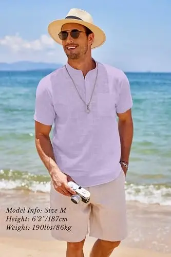 COOFANDY Men's Cotton Linen Henley Shirt Short Sleeve Hippie Casual Beach T-Shirts with Pocket - 3