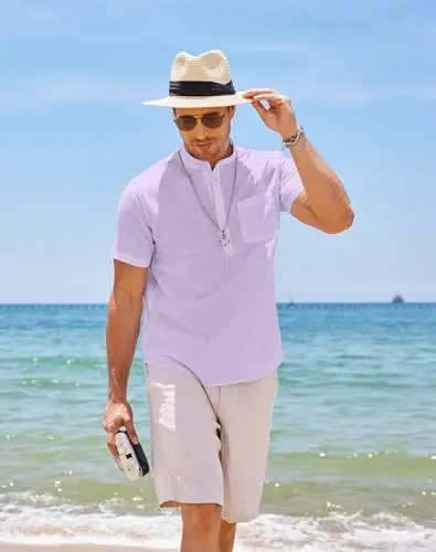 COOFANDY Men's Cotton Linen Henley Shirt Short Sleeve Hippie Casual Beach T-Shirts with Pocket - 6