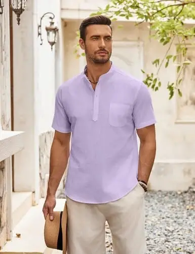 COOFANDY Men's Cotton Linen Henley Shirt Short Sleeve Hippie Casual Beach T-Shirts with Pocket - 4
