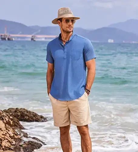 COOFANDY Men's Cotton Linen Henley Shirt Short Sleeve Hippie Casual Beach T-Shirts with Pocket - 6