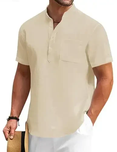 COOFANDY Men's Cotton Linen Henley Shirt Short Sleeve Hippie Casual Beach T-Shirts with Pocket 
