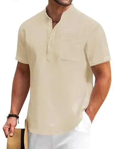 COOFANDY Men's Cotton Linen Henley Shirt Short Sleeve Hippie Casual Beach T-Shirts with Pocket - 1