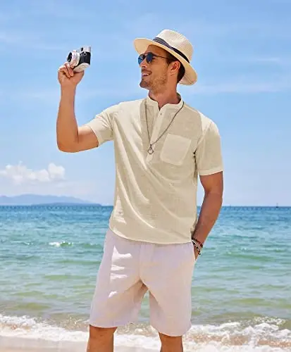 COOFANDY Men's Cotton Linen Henley Shirt Short Sleeve Hippie Casual Beach T-Shirts with Pocket - 4