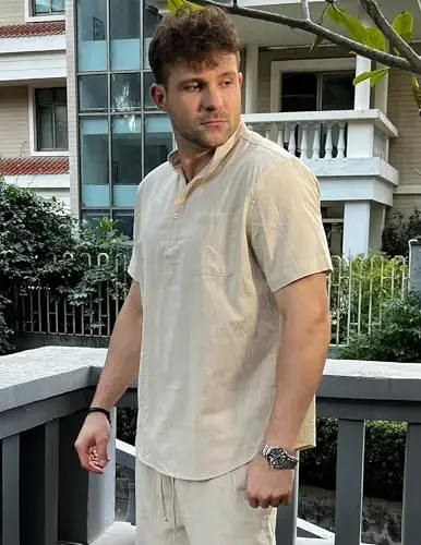 COOFANDY Men's Cotton Linen Henley Shirt Short Sleeve Hippie Casual Beach T-Shirts with Pocket - 2