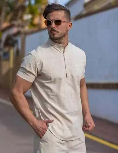 COOFANDY Erkek Pamuklu Keten Henley Gömlek Kısa Kollu Hippie Günlük Plaj Tişörtleri Cepli 
