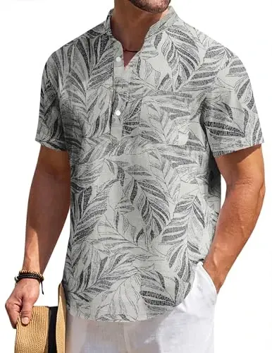 COOFANDY Men's Cotton Linen Henley Shirt Short Sleeve Hippie Casual Beach T-Shirts with Pocket - COOFANDY