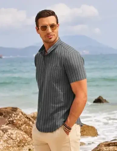 COOFANDY Men's Cotton Linen Henley Shirt Short Sleeve Hippie Casual Beach T-Shirts with Pocket - 4