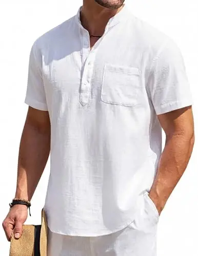COOFANDY Erkek Pamuklu Keten Henley Gömlek Kısa Kollu Hippie Günlük Plaj Tişörtleri Cepli - 1