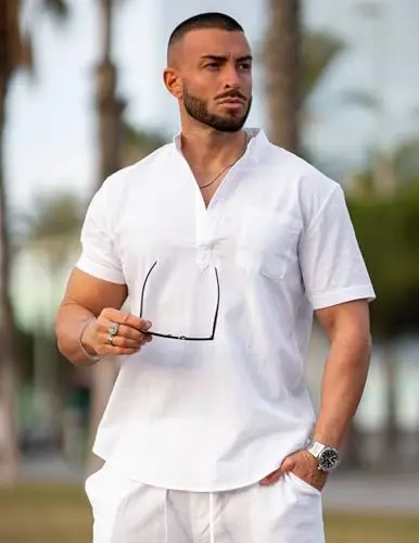COOFANDY Erkek Pamuklu Keten Henley Gömlek Kısa Kollu Hippie Günlük Plaj Tişörtleri Cepli - 4