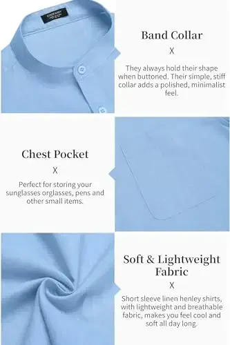 COOFANDY Men's Cotton Linen Henley Shirt Short Sleeve Hippie Casual Beach T-Shirts with Pocket - 6