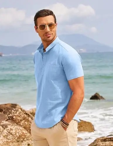 COOFANDY Men's Cotton Linen Henley Shirt Short Sleeve Hippie Casual Beach T-Shirts with Pocket - 5