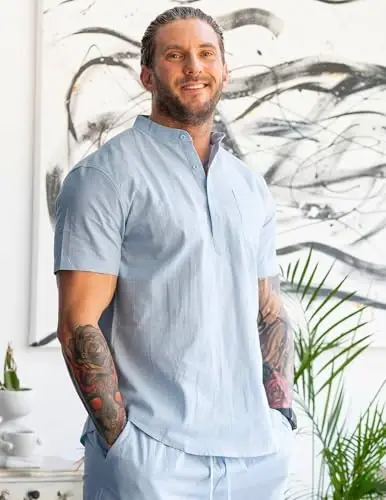 COOFANDY Men's Cotton Linen Henley Shirt Short Sleeve Hippie Casual Beach T-Shirts with Pocket - 2