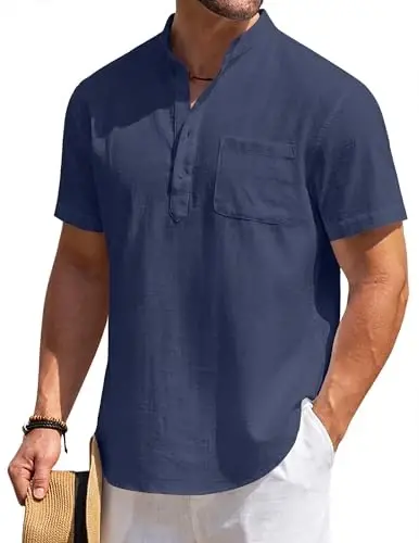 COOFANDY Erkek Pamuklu Keten Henley Gömlek Kısa Kollu Hippie Günlük Plaj Tişörtleri Cepli 