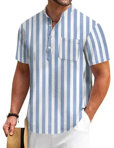 COOFANDY Men's Cotton Linen Henley Shirt Short Sleeve Hippie Casual Beach T-Shirts with Pocket - 1