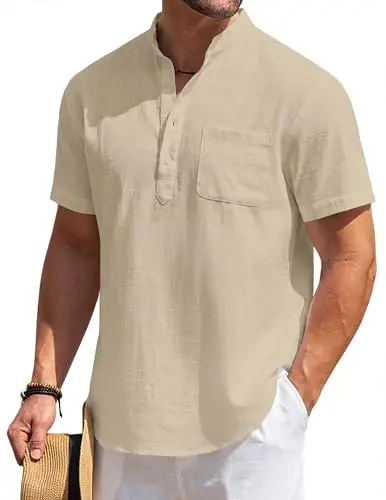 COOFANDY Men's Cotton Linen Henley Shirt Short Sleeve Hippie Casual Beach T-Shirts with Pocket - COOFANDY
