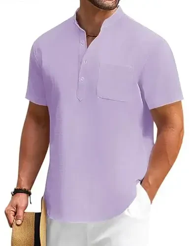 COOFANDY Men's Cotton Linen Henley Shirt Short Sleeve Hippie Casual Beach T-Shirts with Pocket 