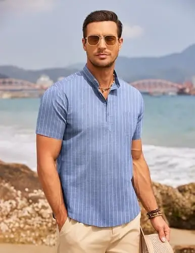 COOFANDY Men's Cotton Linen Henley Shirt Short Sleeve Hippie Casual Beach T-Shirts with Pocket - 2