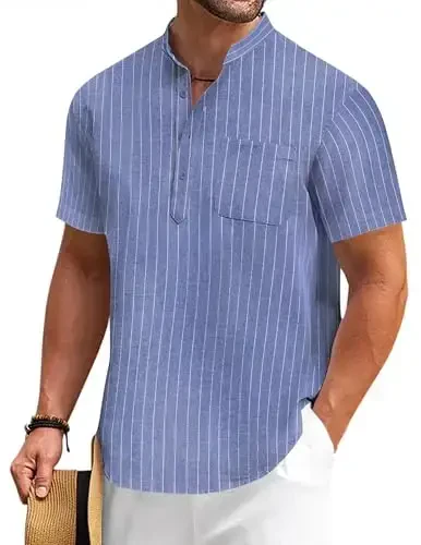 COOFANDY Men's Cotton Linen Henley Shirt Short Sleeve Hippie Casual Beach T-Shirts with Pocket - 1