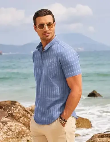 COOFANDY Men's Cotton Linen Henley Shirt Short Sleeve Hippie Casual Beach T-Shirts with Pocket - 3