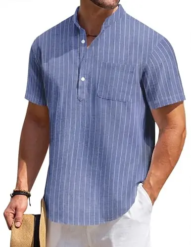 COOFANDY Erkek Pamuklu Keten Henley Gömlek Kısa Kollu Hippie Günlük Plaj Tişörtleri Cepli 