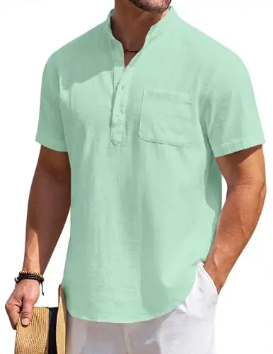 COOFANDY Men's Cotton Linen Henley Shirt Short Sleeve Hippie Casual Beach T-Shirts with Pocket - 1