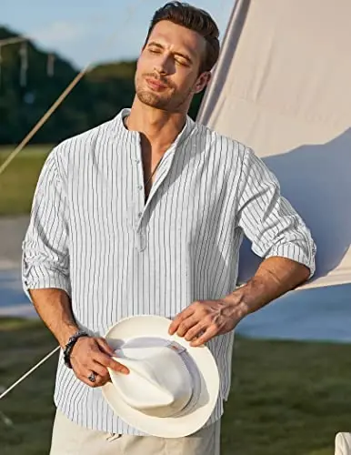 COOFANDY Men's Cotton Linen Henley T-Shirt Long Sleeve Hippie Casual Beach T-Shirts - 3