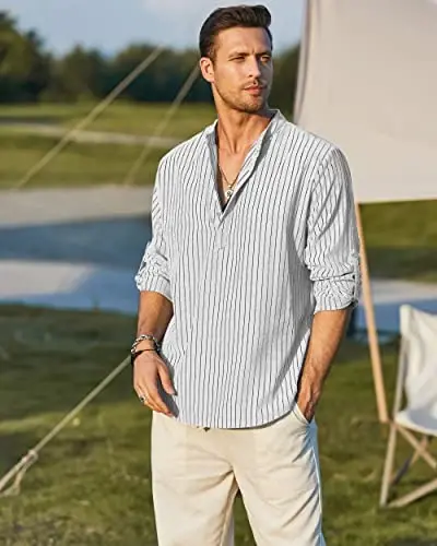 COOFANDY Men's Cotton Linen Henley T-Shirt Long Sleeve Hippie Casual Beach T-Shirts - 4
