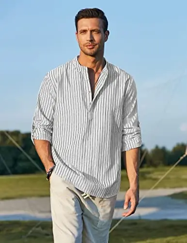 COOFANDY Men's Cotton Linen Henley T-Shirt Long Sleeve Hippie Casual Beach T-Shirts - 5