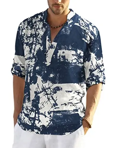 COOFANDY Men's Cotton Linen Henley T-Shirt Long Sleeve Hippie Casual Beach T-Shirts - COOFANDY
