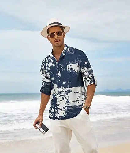 COOFANDY Men's Cotton Linen Henley T-Shirt Long Sleeve Hippie Casual Beach T-Shirts - 3