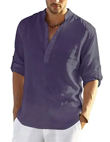COOFANDY Men's Cotton Linen Henley T-Shirt Long Sleeve Hippie Casual Beach T-Shirts - 1